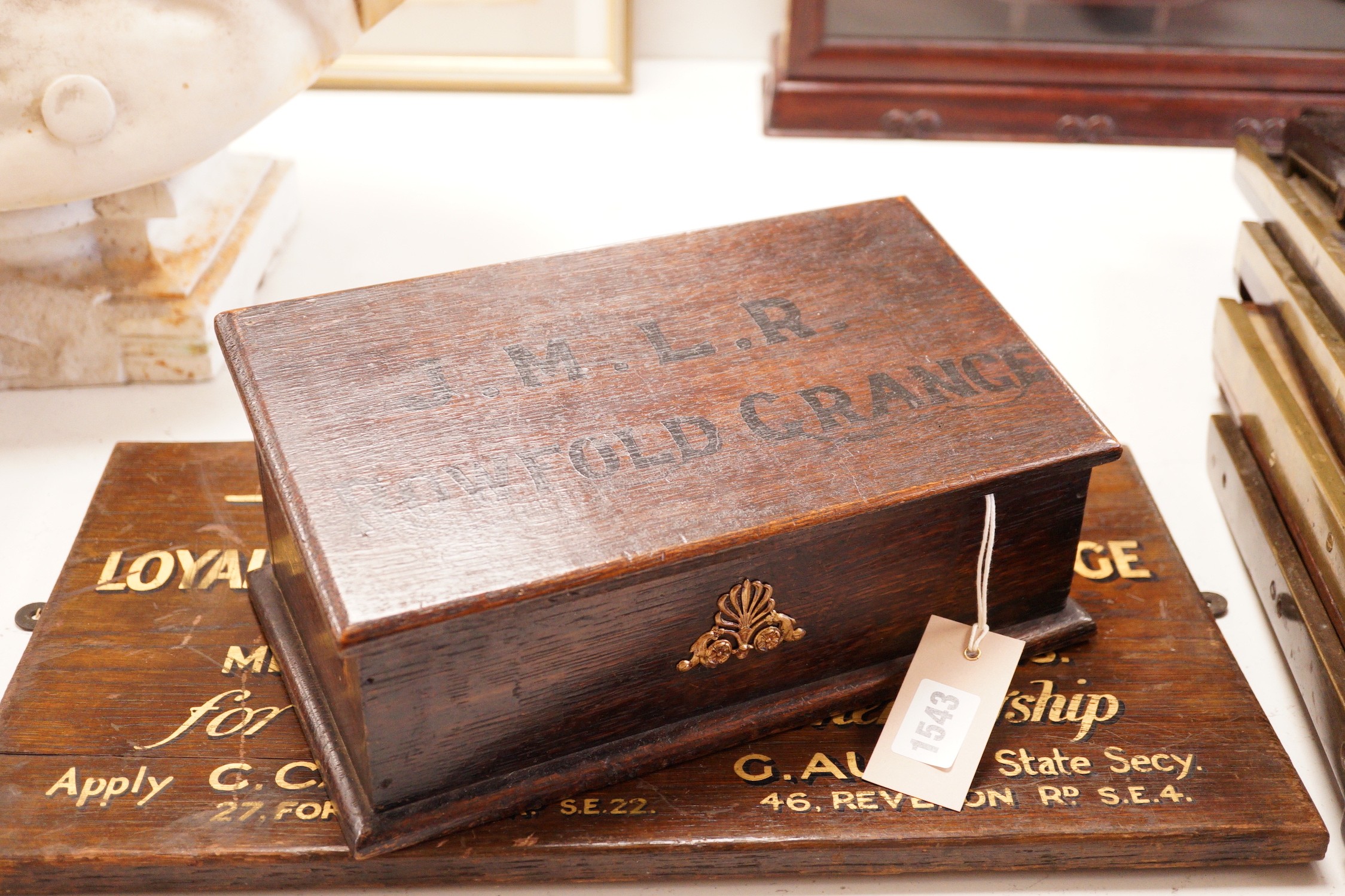 A Rowfold Grange oak box with personalised Desert Rats interest and a Manchester Unity Odd Fellows sign